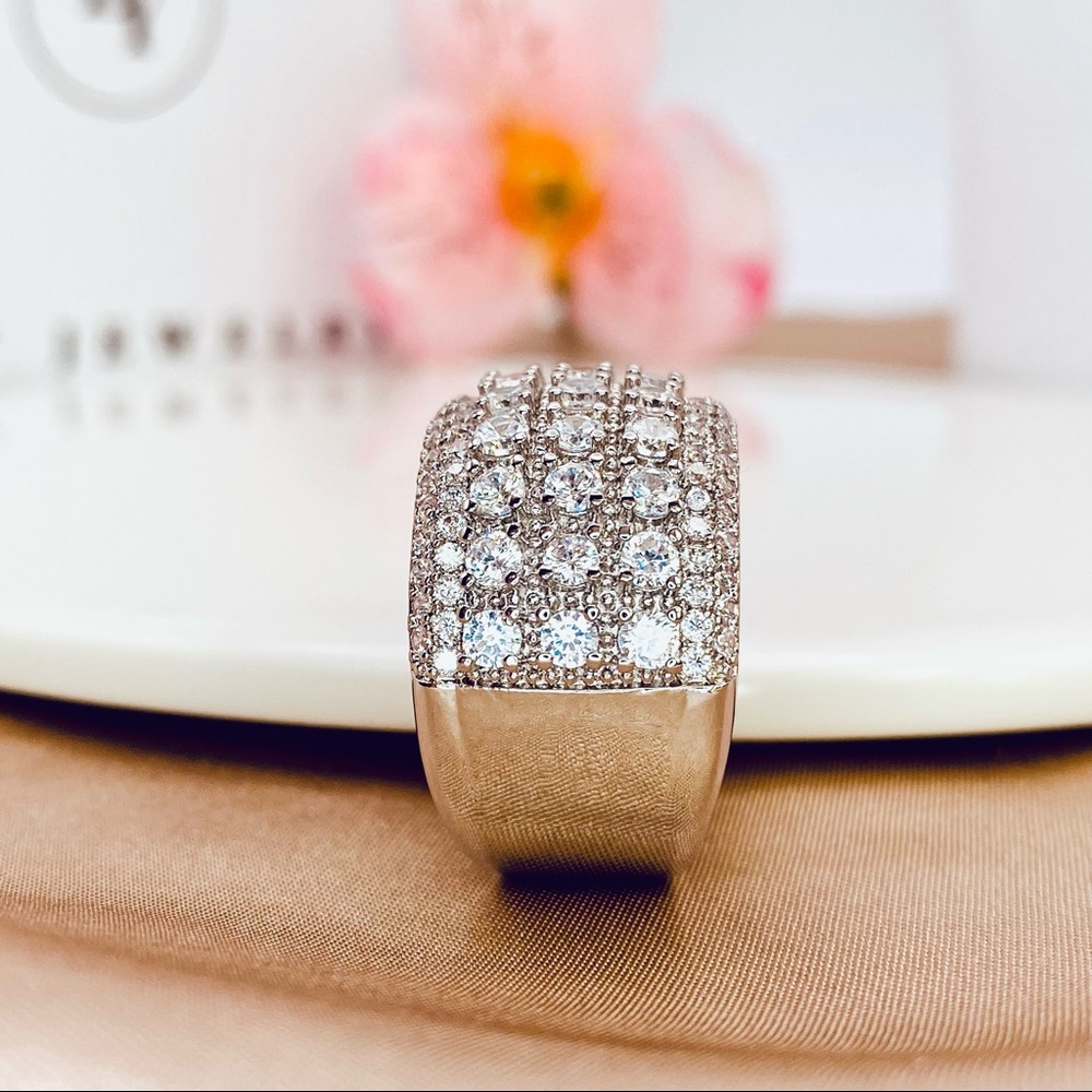 925 Sterling Silver Pave Diamond CZ Statement Wide Ring - Picture 3 of 10